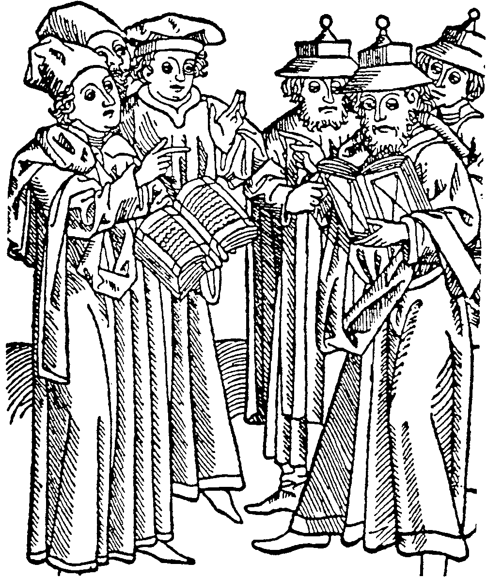 Public debates between Christian and Jewish scholars were held throughout the Middle Ages. This contemporary illustration shows a 16th-century “disputation” between rabbis and priests. The Jews are wearing the obligatory distinctive hats.