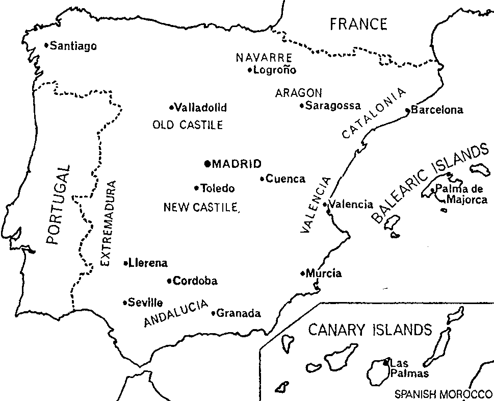 Map of Spain, showing the permanent tribunals of the Spanish Inquisition.