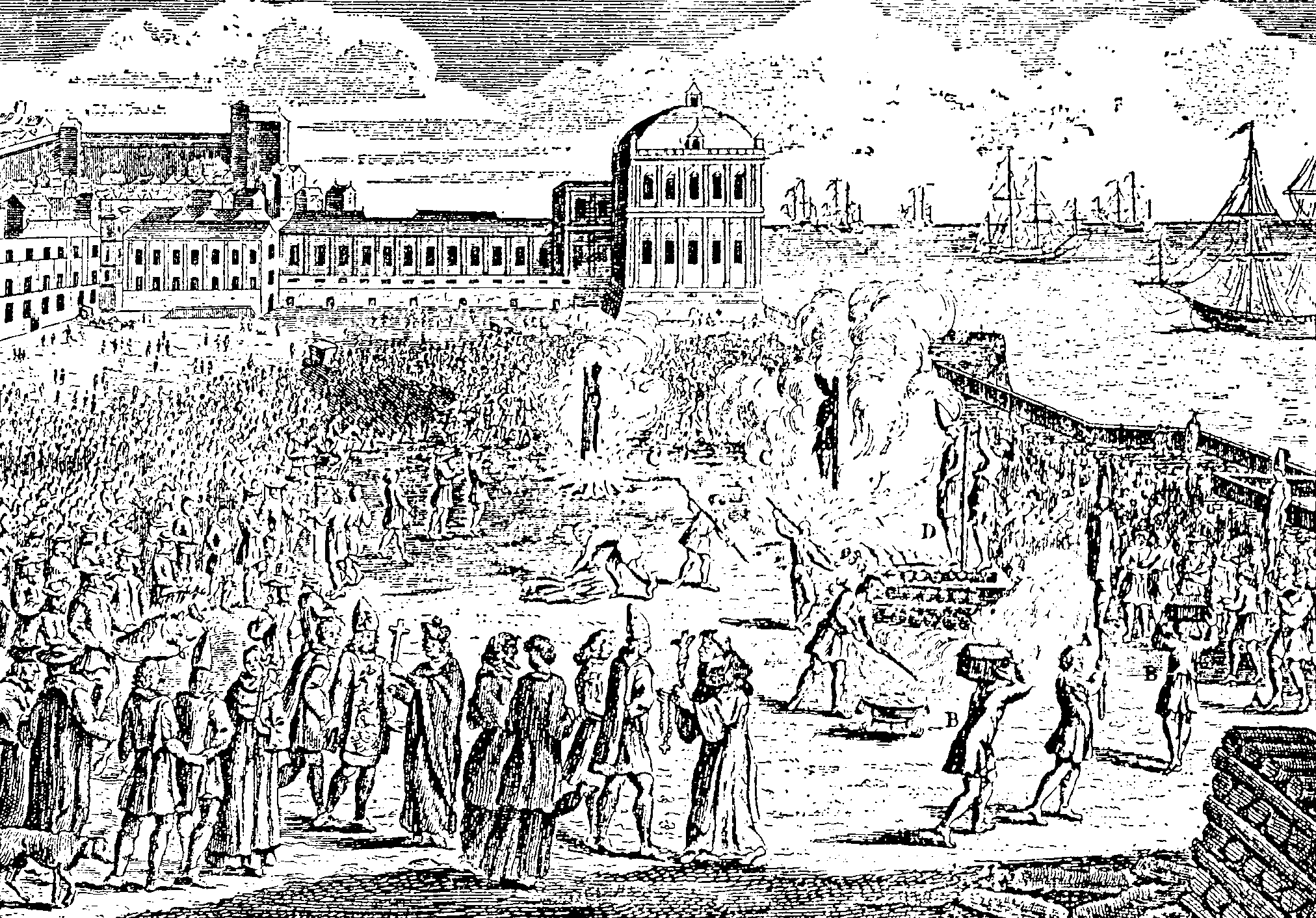 A public burning of heretics sentenced by the Inquisition is portrayed in this 18th-century print.