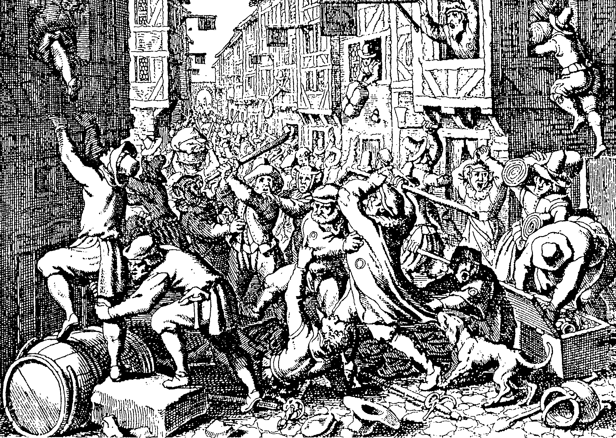 From the Middle Ages to the 20th century, violent eruptions of rage against Jews have broken out in Europe. This contemporary print depicts a pogrom in the Frankfurt Jewish quarter, 1614.