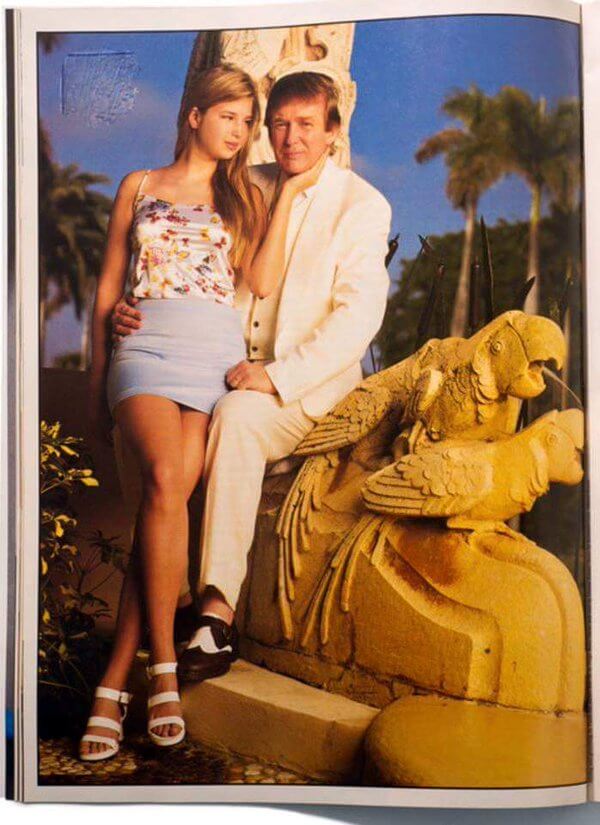 Trump with Ivanka again in 1996 at Mar-A-Lago perched above two mating parrots.