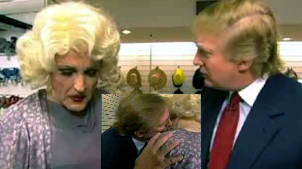 Pervert Trump kisses New York mayor Rudy Giuliani at the mayor's Inner Circle Press Roast in 2000 (video here).