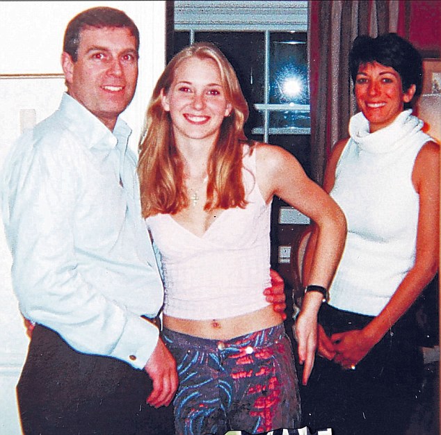 17-year-old Virignia Roberts handled by Prince Andrew with alleged child-sex procurer and Mossad asset Ghislaine Maxwell looking on.